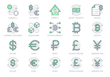 Finance Currency Exchange Simple Line Icons. Vector Illustration With Minimal Icon - Euro, Dollar, Transfer, Invoice, Pound, Sterling, Cryptocurrency Pictogram. Green Color, Editable Stroke