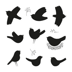 Spring bird black vector silhouette collection. Birds shapes clipart set isolated on white background. Nesting flying singing bird design elements.