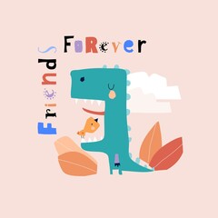 Wall Mural - Cute cartoon dinosaur with little bird. Friends forever