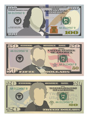 Wall Mural - Set of one hundred dollars, fifty dollars and twenty dollar bills in new design. 100, 50 and 20 US dollars banknotes. Vector illustration of USD isolated on white background