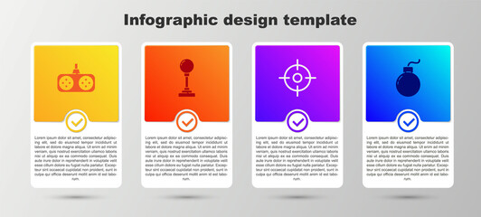 Sticker - Set Gamepad, Joystick for arcade machine, Target sport and Bomb ready to explode. Business infographic template. Vector.