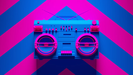 Blue Pink Boombox Post-Punk Stereo with Pink an Blue Chevron Background 3d illustration render