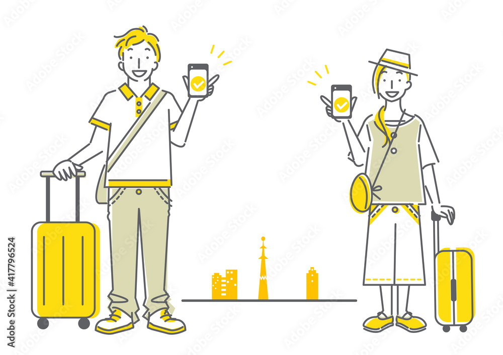 スマホで便利に旅行する若い女性と男性のシンプルでおしゃれな線画イラスト Poster Fumika Shibata