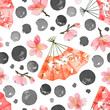 Seamless pattern with Japanese theme in watercolor style. Watercolor sakura. Japanese elements.