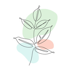 Poster - Botanical wall art vector with branch leaves. Continuous one line drawing with abstract pastel shape. Minimalistic and natural wall art. Vector illustration