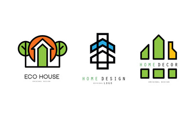 Sticker - Eco House Design Logo Templates Set, Real Estate, Construction Company, Architect Bureau Green Badges Flat Vector Illustration