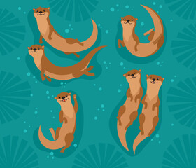 Vector set with cartoon brown otters, seaweed and bubbles