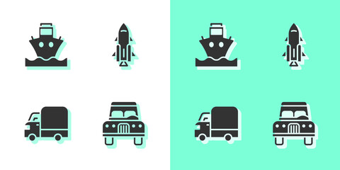 Sticker - Set Car, Cargo ship, Delivery cargo truck and Rocket with fire icon. Vector.