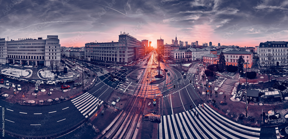 Beautiful panoramic aerial sunset drone skyline view of the Warsaw City Centre with skyscrapers of the Warsaw City Centre and artificial palm, Poland, EU - obrazy, fototapety, plakaty 