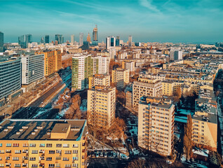 Wall Mural - Beautiful panoramic aerial drone skyline view of the Warsaw City Centre with skyscrapers of the Warsaw City Centre, Poland, EU
