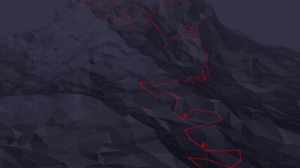 Wall Mural - flight over a winding hiking trail through the mountains with waypoints - 3d illustration