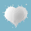 3d illustration, heart shape milk splash, Valentines day romantic symbol, liquid clip art isolated on blue background. White paint splashing