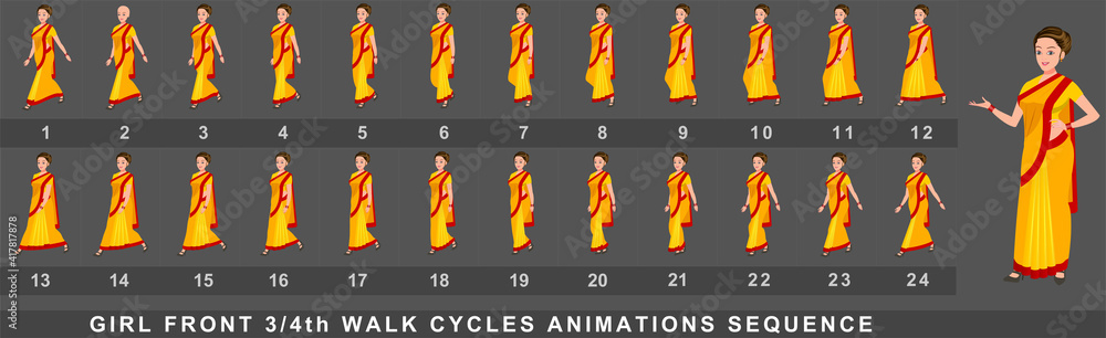 Girl Character Front Walk Cycle Animation Sequence. Frame by frame ...