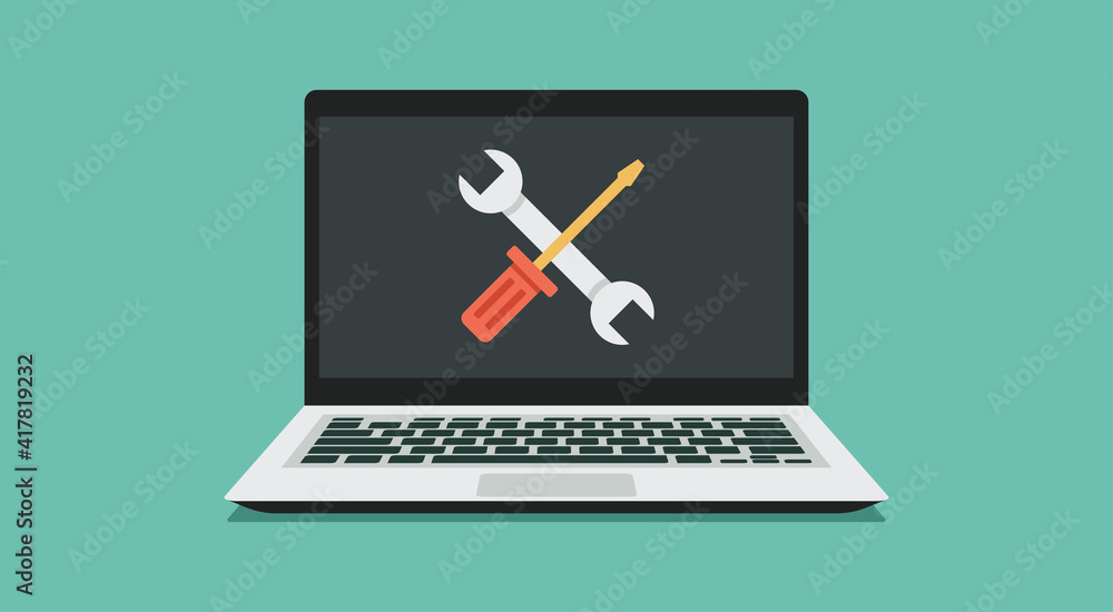 computer repair service, maintenance, and technical support concept, laptop with wrench and screwdriver on screen, vector flat illustration - obrazy, fototapety, plakaty 
