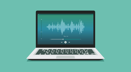 Broadcasting concept. Podcast live streaming on laptop computer or on radio station, vector flat illustration