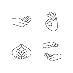 Poster - Hand gestures linear icons set. Okay gesture. Steeple hand. Finger-tips touching each other. Customizable thin line contour symbols. Isolated vector outline illustrations. Editable stroke