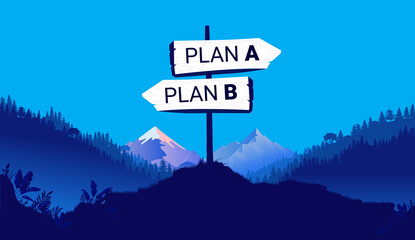 Life choice plan A or B - Signpost in nature landscape pointing in two directions. Future planning concept. Vector illustration.