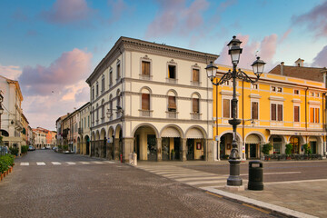 Montagnana, Italy - August 6, 2017: architecture of the quiet streets of the old city in the early morning.