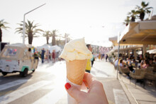 Vacation Mood. Holding An Ice Cream On A Promenade Street. Split, Croatia