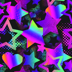 Abstract seamless grunge pattern  with stars. Bright gradient background. Girlish repeated backdrop for textile, clothes. Original wallpaper