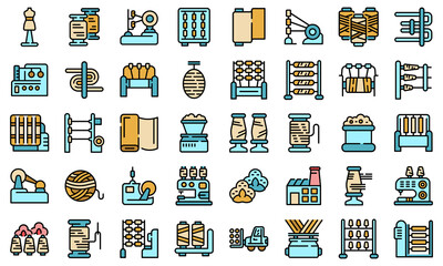 Poster - Thread production icons set. Outline set of thread production vector icons thin line color flat on white