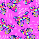Fototapeta Motyle - Seamless bright pattern with butterflies. Paints paint, hand drawn butterflies. Pattern for textiles, children's clothes, wrapping busakgi .. Girlish background