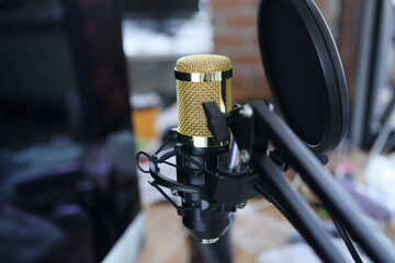 Studio microphone for recording, karaoke, streaming and blogging. Broadcasting and conferences concept