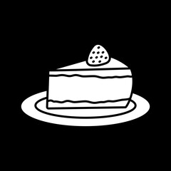 Wall Mural - Cheesecake on plate dark mode glyph icon. Cake slice. Sweet dessert with strawberry. Cafe food. Delicious pastry treat. White silhouette symbol on black space. Vector isolated illustration