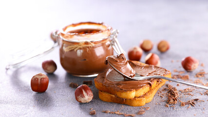 Canvas Print - chocolate spread in jar and bread toast