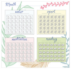 Wall Mural - A beautiful, color tracker of good habits for the month in a square shape. Drink water, exercise, meditate, read. Mark, paint over the days.