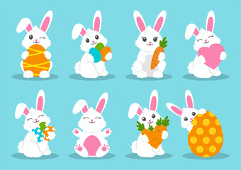 Happy Easter. Set of little cute rabbits. Carrot, bunny, eggs. Colored flat vector illustration isolated on blue background. Cartoon character.