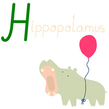 Educational Cartoon Vector Illustration Hand Drawn English Letter H. Alphabet With Hippopotamus. Animal Character For Children Design.