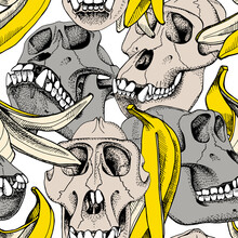 Seamless Pattern With Image Of A Skull Monkey And Yellow Skin Banana On A White Background. Vector Illustration.