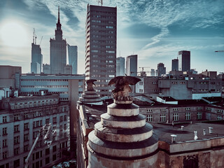 Wall Mural - Beautiful panoramic aerial drone skyline view of the Warsaw City Centre with skyscrapers of the Warsaw City and 