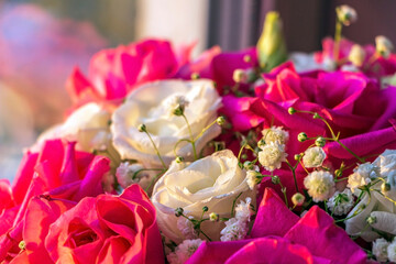 Sticker - Bouquet of fresh amazing white and pink roses in craft paper. Beautiful flowers as gift for Mother’s, Valentine’s Day, Birthday or Wedding. Close up.