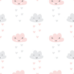 Scandinavian kid Seamless pattern. Face Clouds and rain hearts texture. Minimalistic baby background. White, blue, pink nordic colors. Cute baby style textile fabric cartoon ornament