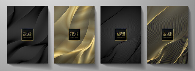 modern cover design set. gold abstract line pattern (guilloche curves) in premium colors: black and 