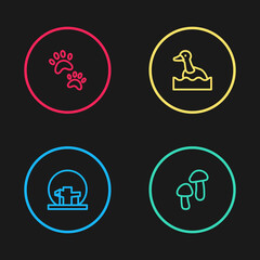 Sticker - Set line Montreal Biosphere, Mushroom, Flying duck and Paw print icon. Vector.