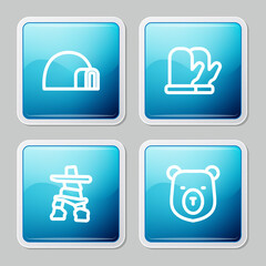 Poster - Set line Igloo ice house, Christmas mitten, Inukshuk and Bear head icon. Vector.