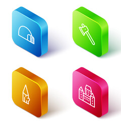 Sticker - Set Isometric line Igloo ice house, Wooden axe, log and Chateau Frontenac hotel icon. Vector.