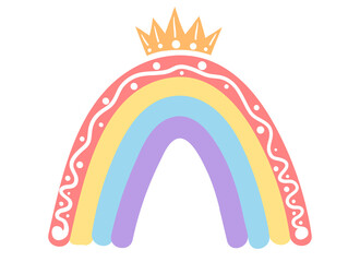 Rainbow with a crown. Children's rainbow in Boho style. In soft pastel colors. For fabrics, children's rooms, toys, prints, etc. Isolated on a white background