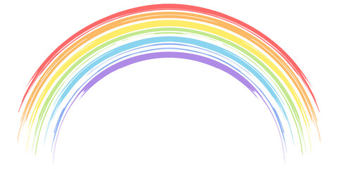 The rainbow is drawn in the style of a dry brush. A seven-color rainbow, a real child's rainbow. For children's rooms, toys, prints, etc. Isolated on a white background