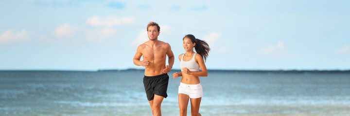 Runners athletes couple running working out exercising cardio outdoor on summer beach doing hiit interval training with friends. Panoramic banner.