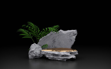 Wall Mural - Stone and Rock shape 3d render illustration with Monstera. Round podium, pedestal for brand product exhibition. Solid dark black color. Mockup template for ads design.