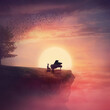 © psychoshadow - Musician sings and plays a piano song on the edge of a cliff over sunset sky, with a tree scattering leaves in the wind. Surreal and inspirational scene above clouds. Adventure and musical concept