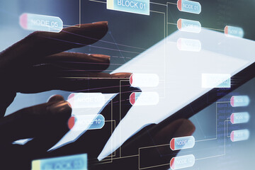 Multi exposure of abstract programming language hologram and hand working with a digital tablet on background, artificial intelligence and machine learning concept