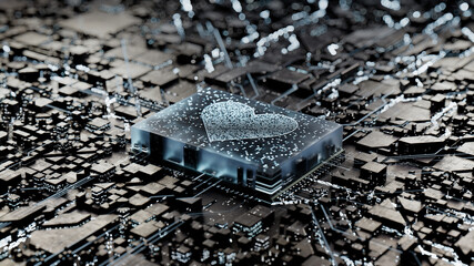 Love Technology Concept with heart symbol on a Microchip. Data flows from the CPU across a Futuristic Motherboard. 3D render.