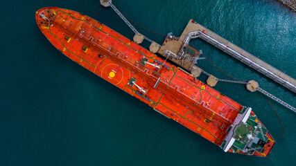 Poster - Aerial view industrial crude oil and fuel tanker ship at deep ocean sea port, Tanker ship vessel at terminal port, Business import export oil and gas petrochemical by tanker ship transportation oil.