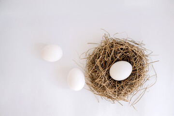 White egg in a nest and two white eggs on a white background