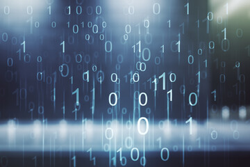 abstract virtual binary code illustration on blurry modern office building background. big data and 